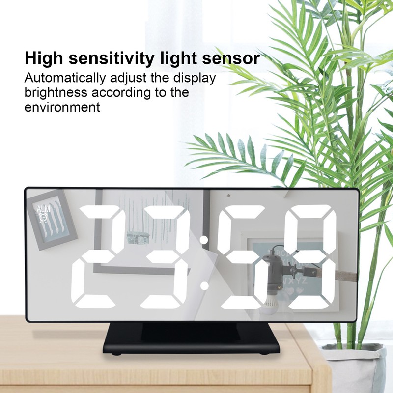 Digital Alarm Clock LED Mirror Screen USB Charging Automatic Dimming