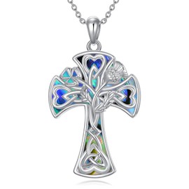 LEECCI Scottish Thistle Necklace 925 Sterling Silver Celtic Knot Abalone Cross Pendant Scottish Jewelry Gifts for Women Mother