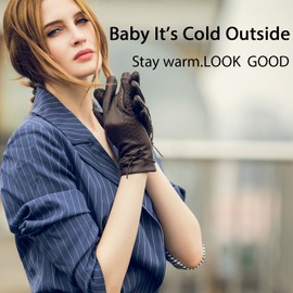 YISEVEN Women's Winter Touchscreen Driving Leather Gloves Fleece Lined Bow Knot Genuine Soft Classic Italian Elegant Dress Sheepskin Warm Fur Cuff Lining for Cold Weather Work Gifts, Brown Small