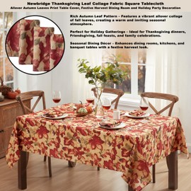 Newbridge Thanksgiving Autumn Leaf Collage Square Fabric Tablecloth, 52 x 52 Inch, Contemporary Fall Leaves Soil Resistant, Easy Care Table Cover for Holiday Dinner Party