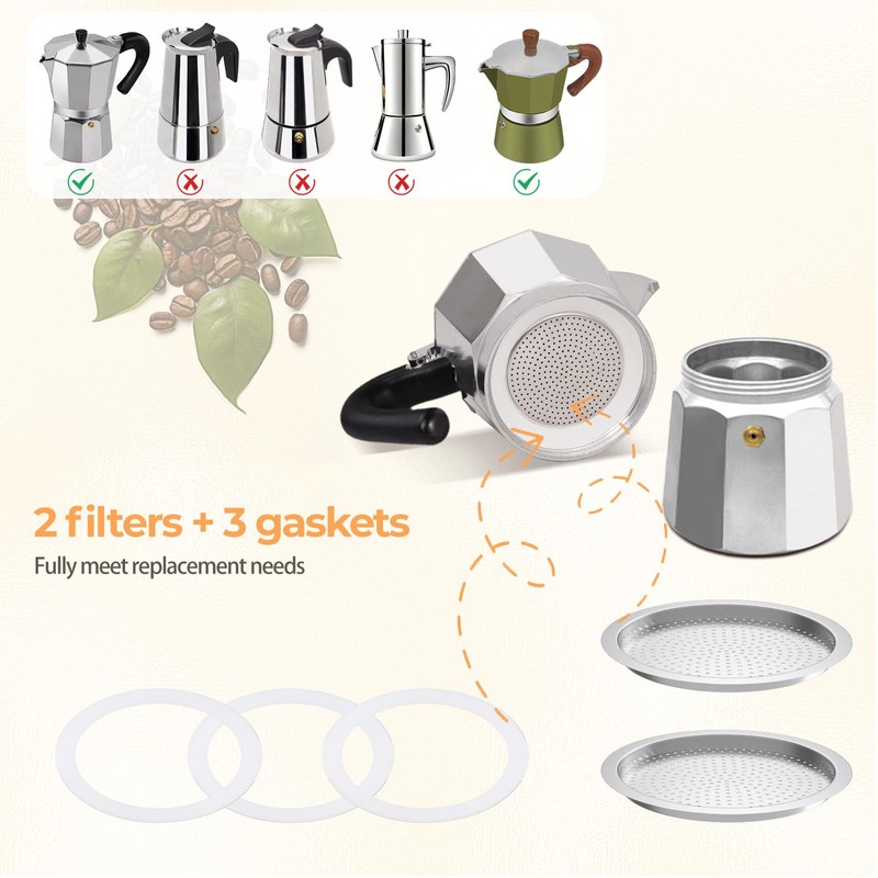Mogrecha Moka Pot 2 Pcs Filter with 3 Pcs Silicone