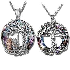 2 PC Tree of Life Pendant + Swinging Necklace, Silver Chain, Rainbow Crystal Accents, Vintage Swing Design, Adjustable, Stainless Steel, Cubic Zirconia