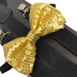 coool Gold Sequin Bow Tie & Black Suspender Set Tuxedo Wedding U.S Seller