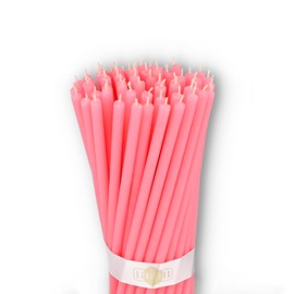 Danilovo Pure Beeswax Candles - No-Drip, Smoke-Less, Tall, Thin Taper Candles – Decorative Candles for Church Prayer, Decor or Birthday Candles – Honey Scented Candles – 6.3”x0.2” (Pink, 50pcs)