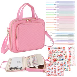 WIRIBEY Bible Cover Case for Women, Large Bible Bag with Shoulder Strap, Bible Study Supplies Bible Journaling Kit with Bible Highlighters, Mothers Day Christian Gifts for Women, Pink