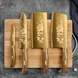 4pcs Professional Kitchen Gold Knife Block Set, Gold Knife Set with Stainless Steel Blades and Titanium Coated Chef Knife Cutting Utensils - Style: Four-piece tool set