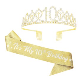 UVATAHONA 10th Birthday Sash and Tiara, 10 & Fabulous Glitter Sash and Birthday Crown Set, Happy 10th Birthday Gifts for Party Supplies and Decorations, Gold