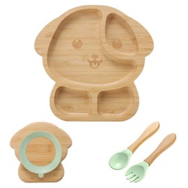 Coptiner Bamboo Plate with Suction Cup for Babies and Toddlers, Non-Slip Baby Plate, Snack Plate, Children's Plate for Learning to Eat, Children's Wooden Plate with Spoon and Fork (Puppies)