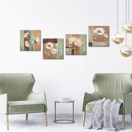 iHAPPYWALL 4 Pieces Vintage Teal And Brown Canvas Wall Art Cotton Floral Dandelion Poppy Hydrangea Flower Artwork for Home Kitchen Bedroom Home Decor Ready to Hang 12x12inchx4pcs