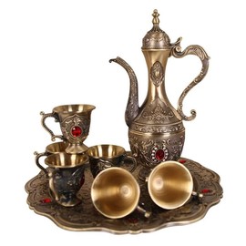 Vintage Turkish Coffee Pot Cups Set with Tray and 6 Cups Retro Coffee Pot Cups Set Exquisite Wine Pot Set Decorative Vintage Tea Service Set for Home Party Decor (Retro Color)