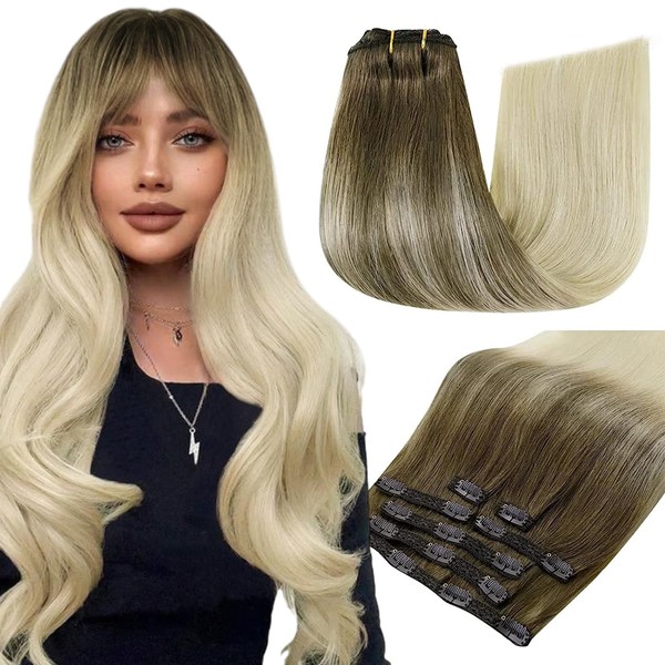 RUNATURE Clip-In Real Hair Extensions, Blonde, Balayage, Light Brown, Ombre, Platinum Blonde Extensions, Real Hair, Clip-In Blonde, Remy Hair, 30 cm, 80 g #8/60