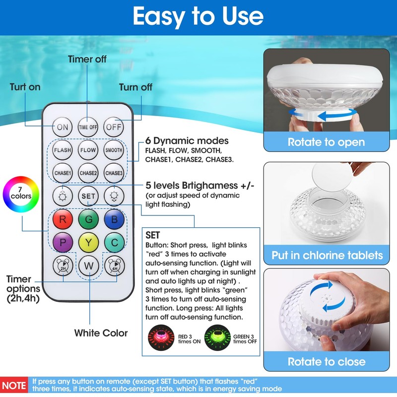 Pool Chlorine Floater, Solar Floating Pool Lights with USB Charging,