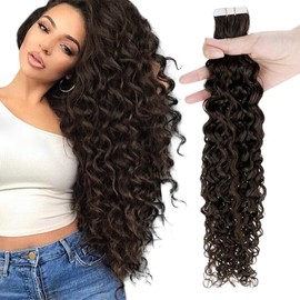RUNATURE Hair Extensions Tape in Hair Curly Human Hair Dark Brown Curly Tape in Extensions Skin Weft Tape in Curly Hair Extensions Natural Wave 18 Inch 50g/20pcs
