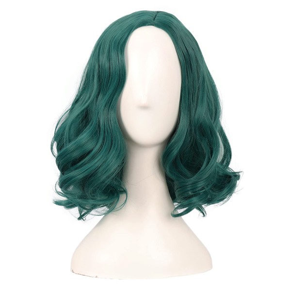 MapofBeauty 14 Inches / 35 cm Short Curly Bob Wig Shoulder Long Side Part Fringe Synthetic Fibre Wavy Hair Fibres for Pretty Parties Cosplay (Dark Pine Green)