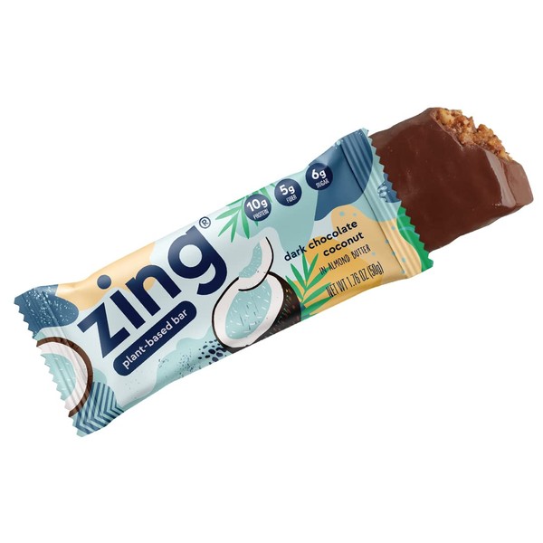 Zing Bars Plant Based Protein Bar, Dark Chocolate Coconut Nutrition Bar, 10g Protein 5g Fiber, Vegan, Gluten Free, Soy Free, Non GMO, 12 count