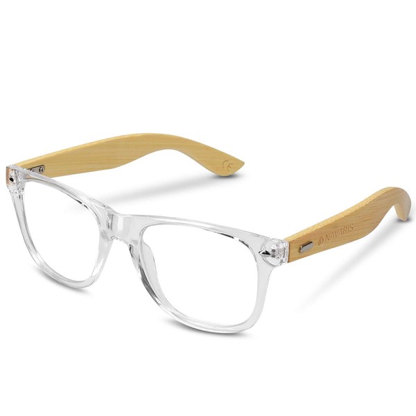 Navaris Retro Brille ohne Sehstärke - Damen Herren 50er Nerd Brille - Anti Blaulicht Computer Nerdbrille ohne Stärke mit Bambus Bügeln div. Farben, Transparent,