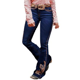 Flamingals Women's Floral Embroidery Mid Waist High Stretch Bootcut Jeans with Pockets Denim Navy Blue XL