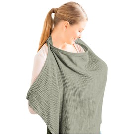 Konssy Muslin Nursing Cover for Baby Breastfeeding, Breathable 100% Cotton Breastfeeding Cover with Rigid Hoop for Mother Nursing Apron, Multi-use Carseat Canopy (Fog Green)