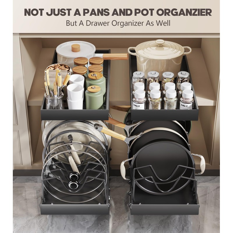 Pull Out Pots and Pans Organizer Under Cabinet, Sliding Lid