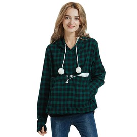 Jomago Womens Pet Carrier Thin Hoodies Kitten Puppy Pouch Shirts Animal Holder Hood Long Sleeve Sweatshirt Plaid Green
