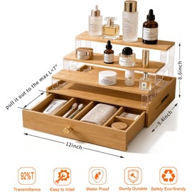 Bamboo Perfume Organizer with Drawer, 3 Tier Makeup Display for Countertop