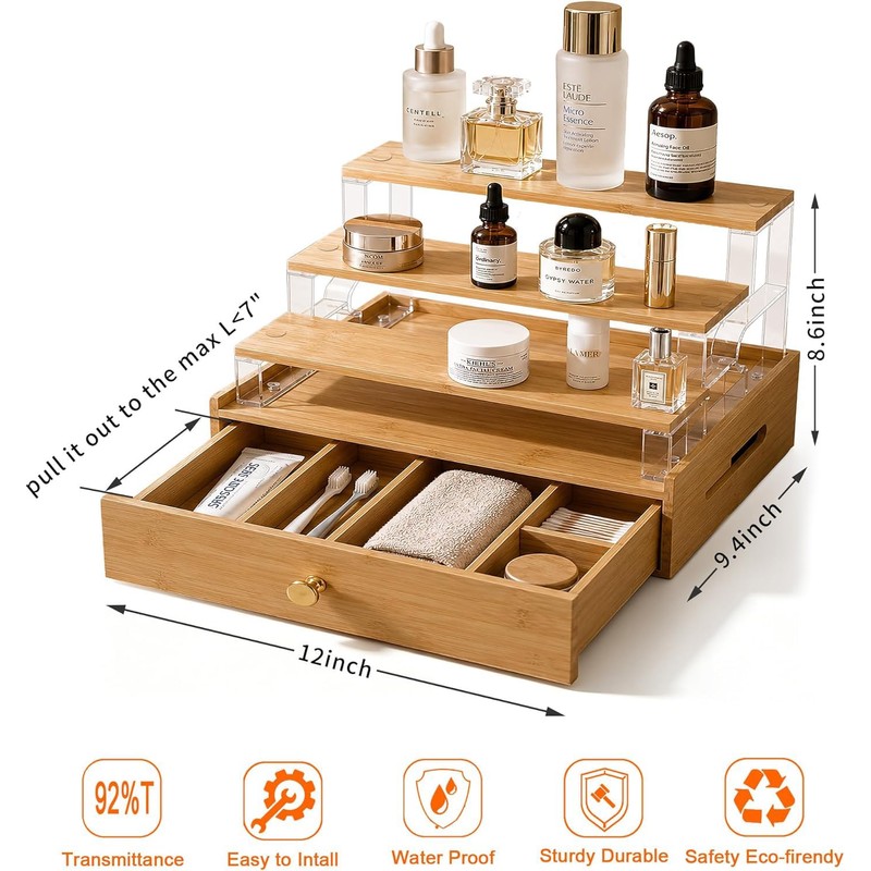 Bamboo Perfume Organizer with Drawer, 3 Tier Makeup Display for