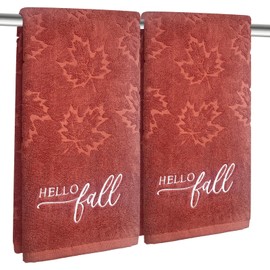Juego de 2 toallas de mano de Hello Fall para baño, algodón jacquard bordado, hojas de arce de otoño, terracota óxido, toallas de baño de cocina, juego de regalo decorativo para día festivo