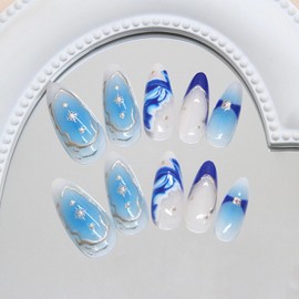 MERVF Almond Press on Nails Medium Fake Nail Royal Blue French Tip Glue ons Star Stiletto Acrylic Aura Gradient Ink Design Art Summer Manicure Glossy 24pcs