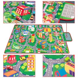 beetoy Car Rug, 31.5"X67" Play Mat with Roads for Kids - Portable, Anti-Slip, Educational City Life Traffic Carpet for 6 Toy Cars