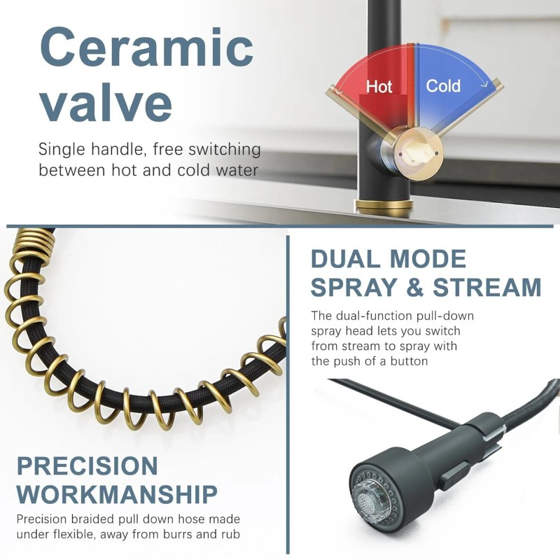 MVMHOME Black and Gold LED Kitchen Faucet with Pull Down