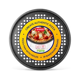 Bakken Pizza Baking Pan - Round Perforated Carbon Steel Pan with Non-Stick Marble Coating, Oversized Silicone Handle, Dishwasher Safe, High-Temperature Resistant, Durable & Easy Cleanup Gray, 1 Tray