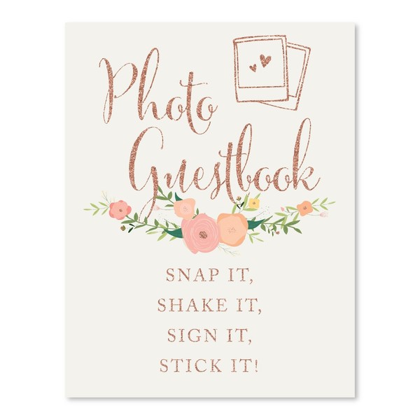 Andaz Press Wedding Party Signs Faux Rose Gold Glitter with Florals 8.5x11-inch Photo Guestbook Snap It Shake It Sign It Stick It Polaroid Sign 1-Pack Colored Decorations
