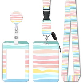 ID Badge Holder with Retractable Lanyard and Keychain, Badge Reel with Rotate Carabiner Clip,Abstract Rainbow Stripe Card Name Tag Lanyard ID Protector Bage Clips for Student, Women, Office