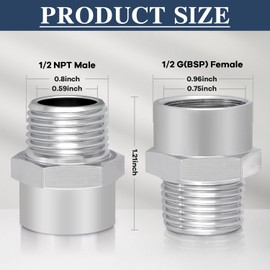 1/2" G (BSP) Female Thread to US 1/2" NPT Male Adapter Thread Brass Pipe Fitting, G Thread 1/2 BSP to NPT Adapter 1/2 Inch Converter Connector（2 Pack）