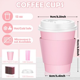 Pink Disposable Coffee Cups with Lids Straws and Sleeves,100 Pack 12 oz Insulated Paper Disposable Hot Chocolate Cups with Lids,Hot and Cold Drink Cups for Tea,Water,Milk,Juice,Cocoa,Travel Supplies