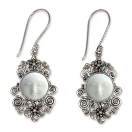 NOVICA Artisan Handmade Cow Bone Flower Earrings Artisan Crafted Sterling Silver Dangle Indonesia Floral Sun Moon [1.8 in L x 0.8 in W] ' Frangipani Garden'