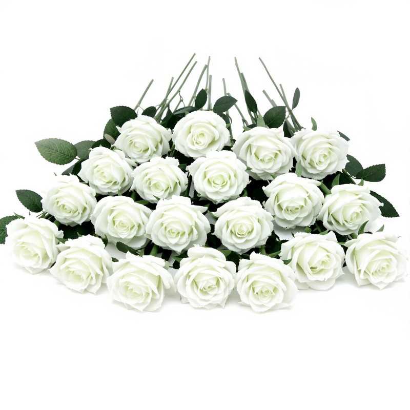 20 Pcs White Artificial Flowers Fake Artificial Roses Silk Flower
