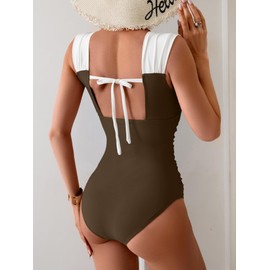 B2prity Womens One Piece Swimsuit Retro Square Neck Tummy Control Bathing Suits Ruched Modest Full Coverage Swimwear Brown,White