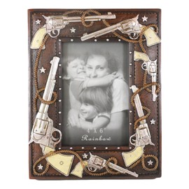 Ebros Gift Rustic Western Wild West Frenzy Pistol Revolver Guns With Lasso Ropes 4"X6" Picture Photo Frame with Easel Back Desktop Stand or Wall Hanging Cowboy Cowgirl Desert Old World Accent