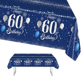 60th Birthday Table Cloth, 137x274cm Tablecloths Blue and Sliver 60th Birthday Party Table Decor, Plastic Waterproof Rectangular Table Cover for Men Women, Birthday Gifts Party Table Decoration