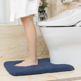 VANZAVANZU Non Slip Toilet Mat Thickened Pedestal Mat for Toilet Absorbent Ultra Soft Bathroom Toilet Rug Fluffy Microfiber Bath Mat, Quick-drying, Machine Washable - 50 x 60cm U Shape (Navy Blue)
