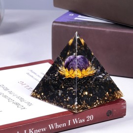 mookaitedecor Amethyst Stone Crystal Pyramid with Obsidian Tumbled Stones Crystal Ball on Gold Lotus Chakra Energy Generator for Protection Reiki Healing Meditation Office Home Decor