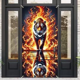 Fire Tiger Door Cover Banner for Front Door, 35.4"x70.87" Bengal Tiger Tapestry Wall Hanging for Bedroom, Cool Tiger Party Backdrop for Gaming Room Man Cave Dorm, Door Decoration with 4 Grommets and Rope