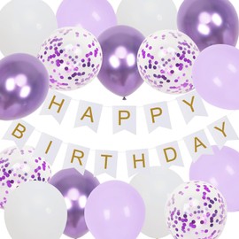 Happy Birthday Banner Party Decoration Set,Purple Birthday Decoration,16 Pcs 12in Happy Birthday Balloons with 2 Ribbons for for Women Men Boys Girls Any Ages Birthday Party Decoration Supplies
