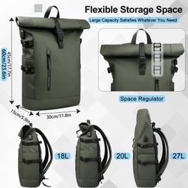 Roll Top Laptop Backpack for Men Women, Expandable Casual Daypack for 15.6 Inch Macbook Water-Resistant Commuter Laptop Rucksack Large Capacity Adjustable 18-27L for Work Business College-Green