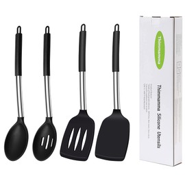 Silicone Spatula Spoon, 4 Pack Silicone Solid Turner Slotted Spatula and Kitchen Silicone Spoons Set for Cooking Baking, Heat Resistant BPA Free Black Silicone Utensils for Nonstick Cookware Mixing