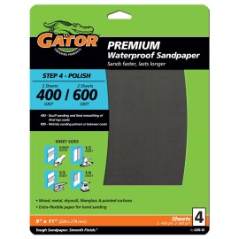 Gator 4-PC PREMIUM WATERPROOF SANDPAPER 400 & 600-Grit 9"x11" Hand Power Sanding