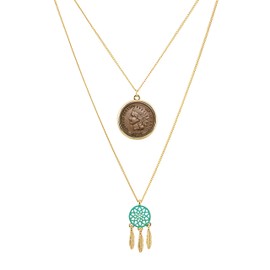 1800s Indian Penny Coin Miniature Dream Catcher Double Chain Necklace | United States One Cent Coin Over 100 Years Old | 22 Inch Double Cable Chain | Certificate of Authenticity