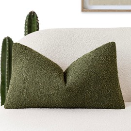 Foindtower Decorative Textured Boucle Throw Pillow Covers Accent Solid Lumbar Pillow Cases Neutral Soft Cozy Couch Cushion Case for Chair Sofa Bedroom Living Room Home Decor 12x20 Inch,1PC,Moss Green