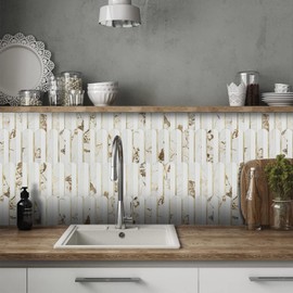 Vamos Tile Peel and Stick Backsplash Seamless Tile,10 Sheets Stick on Backsplash for Kitchen and Bathroom, 12''x12'' White Marble Look PVC Mixed Metal Gold Self Adhesive Fish Scale Mosaic Wall Tiles